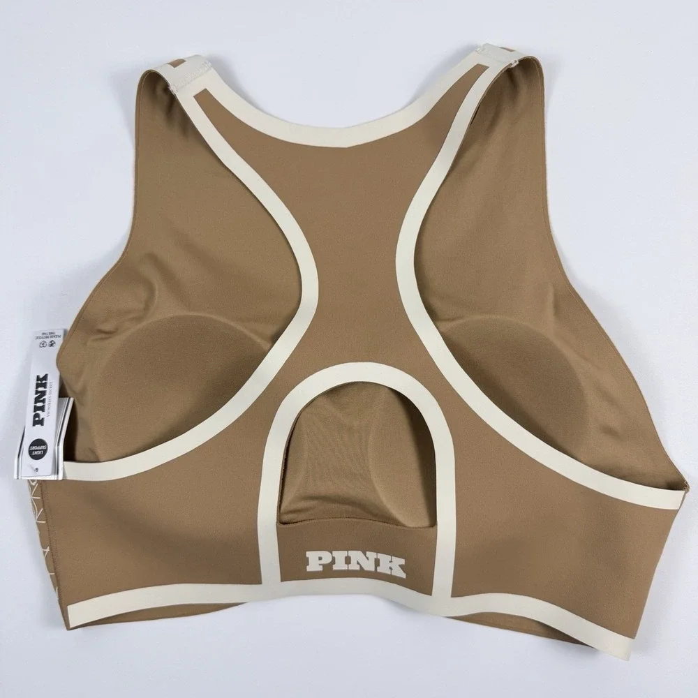 Victoria's Secret PINK Relay High Neck Racerback Sports Bra Tan Logo L NWT